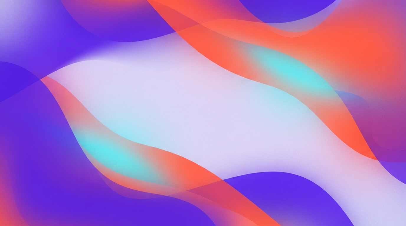 Abstract flowing ribbons in purple, coral, cyan, and lavender gradients fill a wide background.